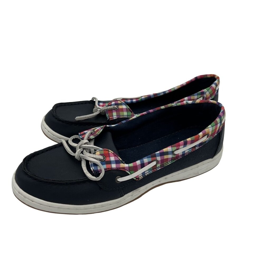 Falls Creek Womens Size 10 Plaid & Navy Boat Shoes Casual Slip-On Style